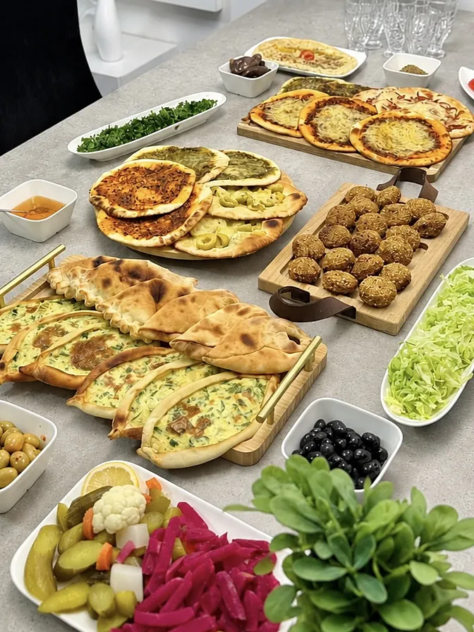 Een tafel vol manakish met tijm, kaas en muhammara, safiha, falafel, olijven en ingelegde groente